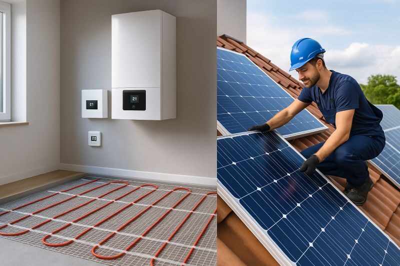 Duurzame combinatie van elektrische vloerverwarming en zonnepanelen, met een modern verwarmingssysteem binnen en een installateur die zonnepanelen plaatst op het dak