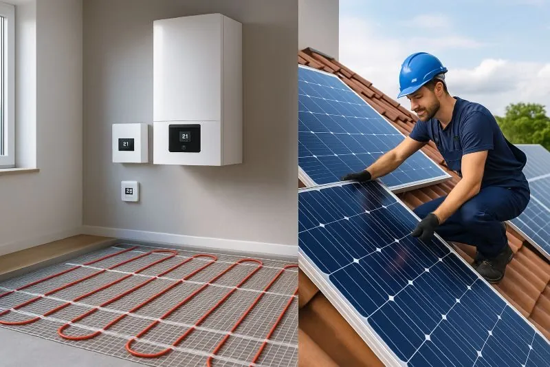 Duurzame combinatie van elektrische vloerverwarming en zonnepanelen, met een modern verwarmingssysteem binnen en een installateur die zonnepanelen plaatst op het dak