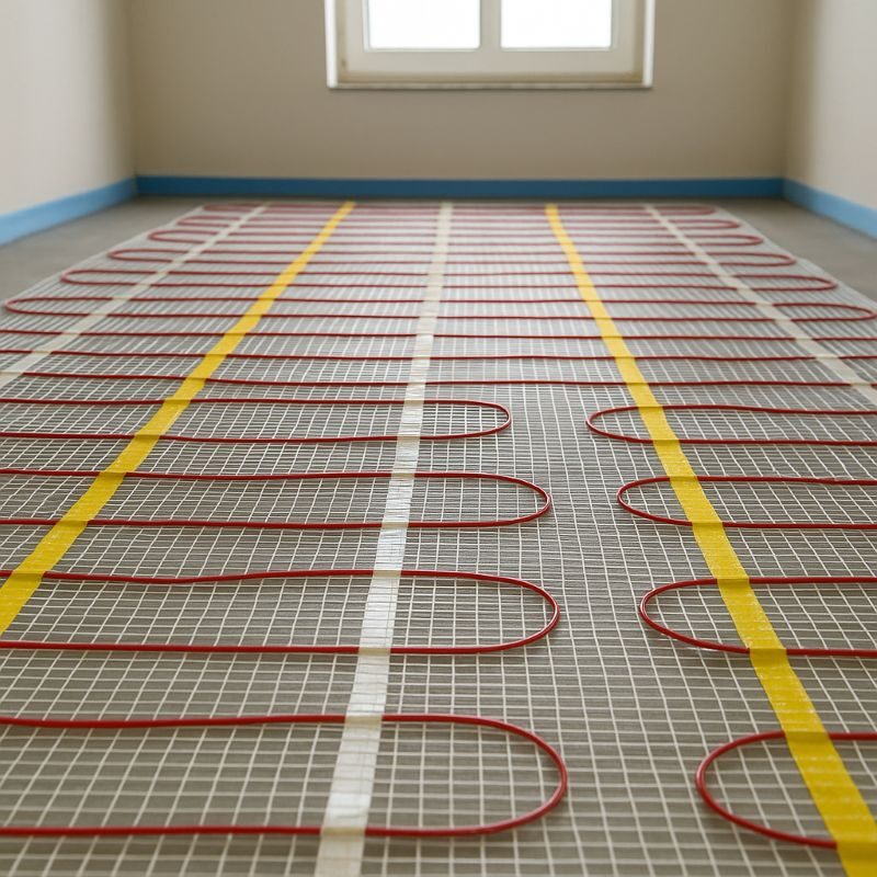 Installatie van elektrische vloerverwarming met verwarmingsmatten en rode kabels, netjes gelegd op een betonnen vloer