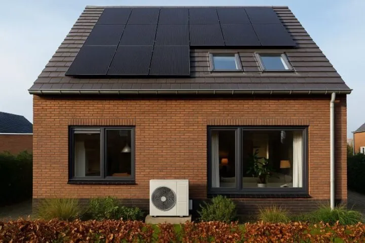 Volledig elektrische warmtepomp onttrekt warmte uit de buitenlucht voor gasloos verwarmen Volledig elektrische warmtepomp onttrekt warmte uit de buitenlucht voor gasloos verwarmen