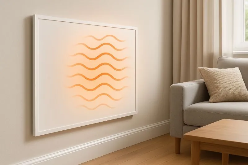 Infrarood paneel bijverwarming met stralingswarmte in een goed geïsoleerde woning.