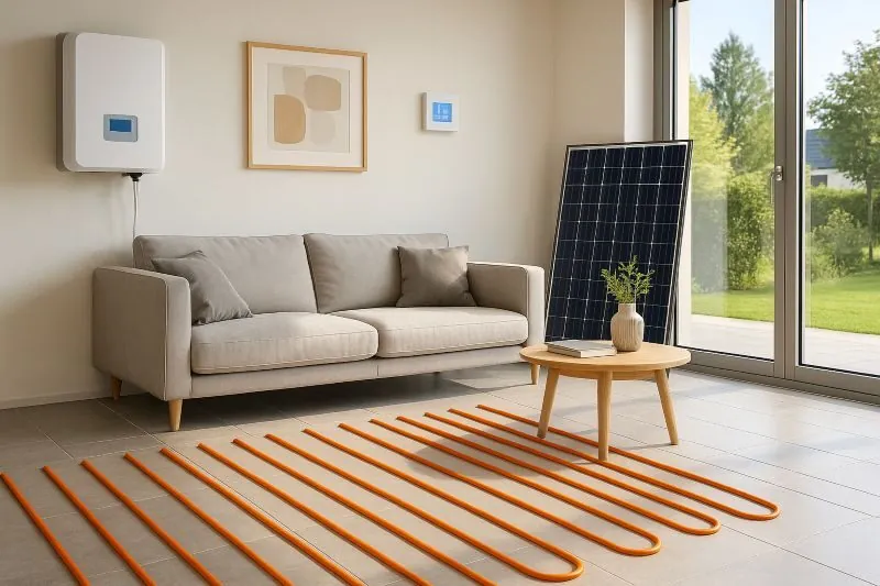 woonkamer met energiezuinige combinatie van elektrische vloerverwarming en zonnepanelen, inclusief warmtepomp en grote raampartijen
