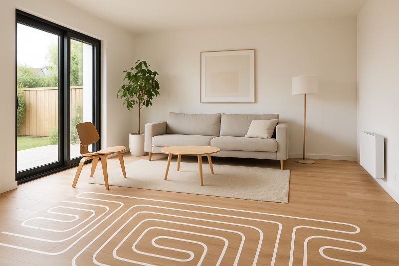  woonkamer met grote glazen schuifdeur en lichte houten vloer, voorzien van elektrische vloerverwarming, voor energiezuinige hoofdverwarming
