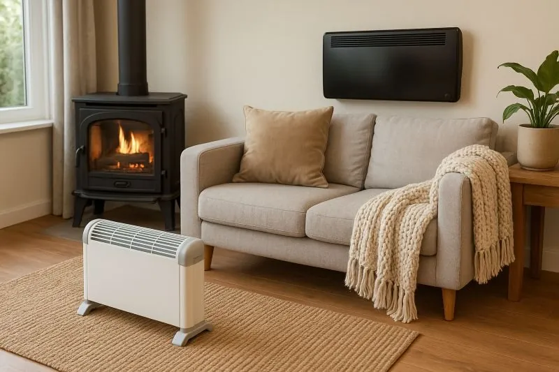 Alternatieve verwarming in huis met houtkachel, elektrische convector en moderne infrarood verwarming in een gezellige woonkamer