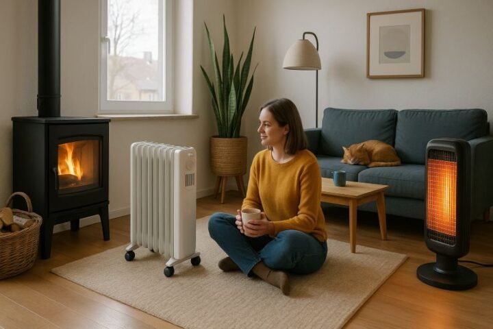 Alternatieve verwarming in huis met houtkachel, elektrische radiator en infraroodkachel