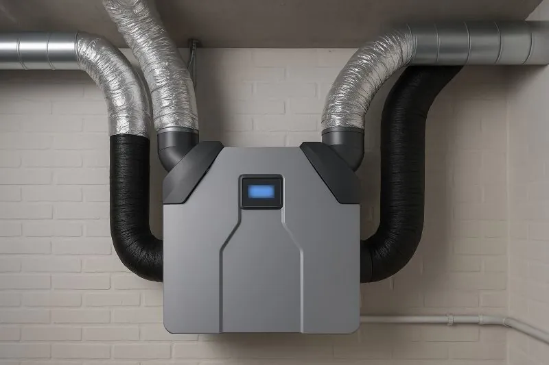 Balansventilatie-unit met warmteterugwinning (WTW) aangesloten op ventilatiekanalen in een woning
