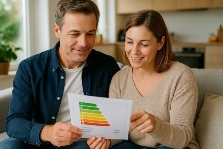 Blije huiseigenaren bekijken energieadviesrapport met energielabel en besparingsmogelijkheden