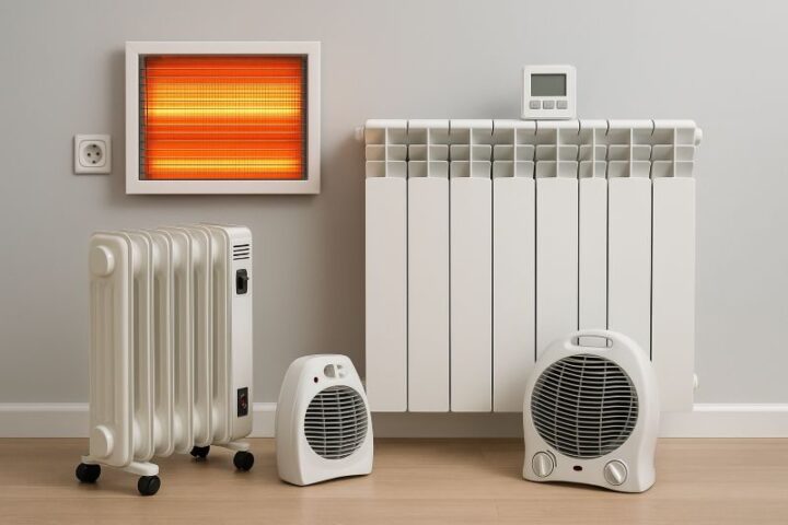 Diverse elektrische verwarmingssystemen zoals radiator, infraroodpaneel en elektrische kachel in moderne woning. Diverse elektrische verwarmingssystemen zoals radiator, infraroodpaneel en elektrische kachel in moderne woning.