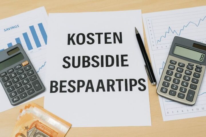 Documenten en grafieken met tekst kosten, subsidie en bespaartips naast rekenmachines en eurobiljetten
