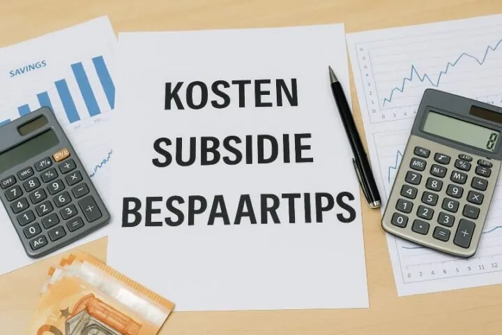 Documenten en grafieken met tekst kosten, subsidie en bespaartips naast rekenmachines en eurobiljetten Documenten en grafieken met tekst kosten, subsidie en bespaartips naast rekenmachines en eurobiljetten