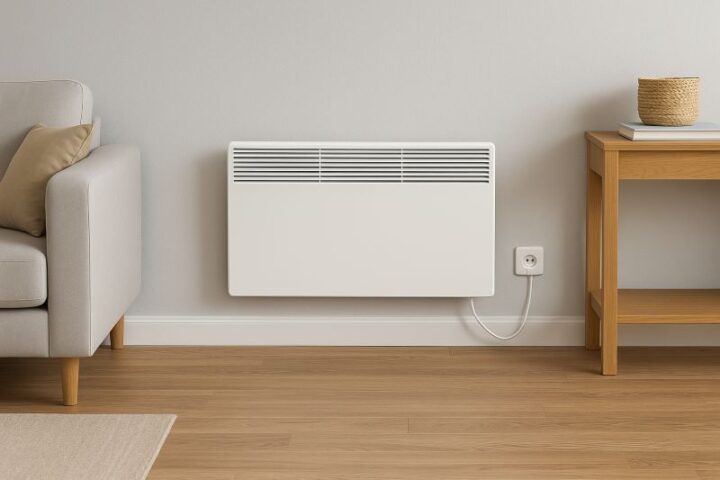 Elektrische convector in een moderne woonkamer met energiezuinige bijverwarming