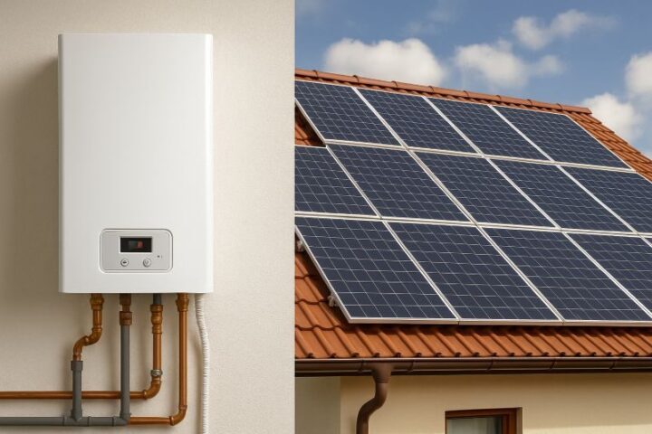 Elektrische cv-ketel in combinatie met zonnepanelen op het dak van een moderne woning, duurzame oplossing voor verwarming zonder gas