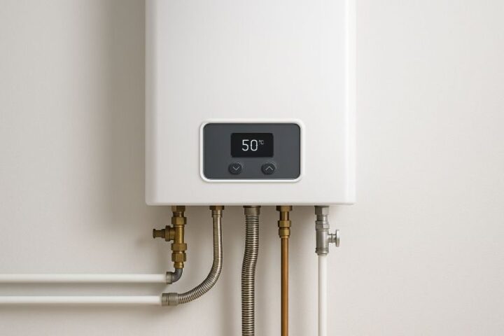 Elektrische cv-ketel in een moderne woning met leidingen en digitale display voor energiezuinig gasloos verwarmen