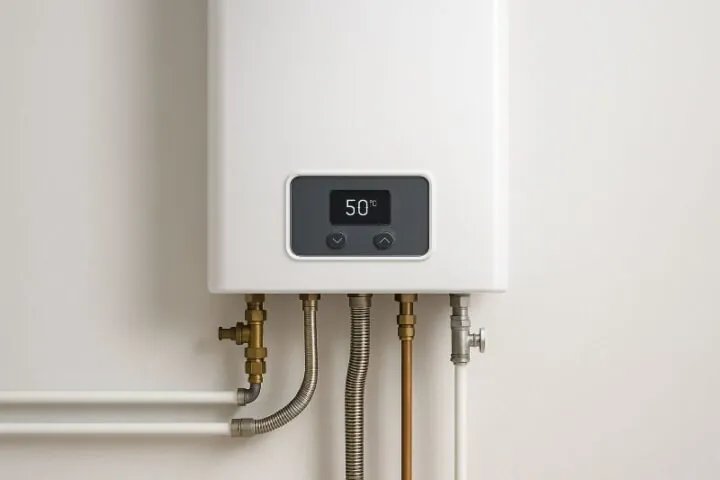 Elektrische cv-ketel in een moderne woning met leidingen en digitale display voor energiezuinig gasloos verwarmen Elektrische cv-ketel in een moderne woning met leidingen en digitale display voor energiezuinig gasloos verwarmen