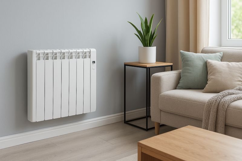 Elektrische radiator in een moderne woonkamer met energiezuinige verwarming
