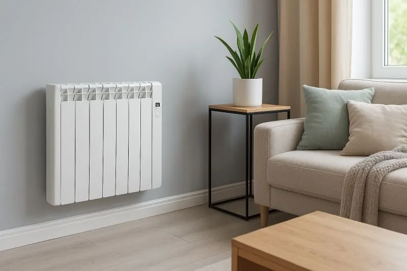 Elektrische radiator in een moderne woonkamer met energiezuinige verwarming Elektrische radiator in een moderne woonkamer met energiezuinige verwarming