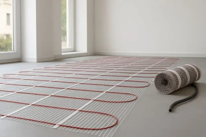 Elektrische vloerverwarming met rode verwarmingskabels in een moderne woning, energiezuinige oplossing voor gasloos verwarmen Elektrische vloerverwarming met rode verwarmingskabels in een moderne woning, energiezuinige oplossing voor gasloos verwarmen