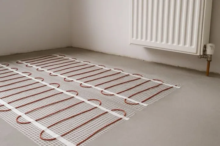 Elektrische vloerverwarming met verwarmingsmatten geïnstalleerd op een betonnen vloer voor gelijkmatige warmteverdeling
