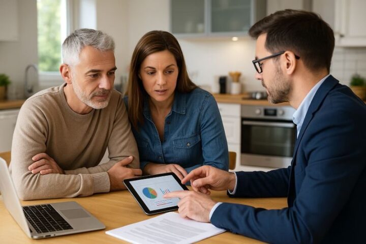 Energieadviseur geeft persoonlijk energieadvies aan huiseigenaar met bouwtekeningen en rapport op tafel Energieadviseur geeft persoonlijk energieadvies aan huiseigenaar met bouwtekeningen en rapport op tafel