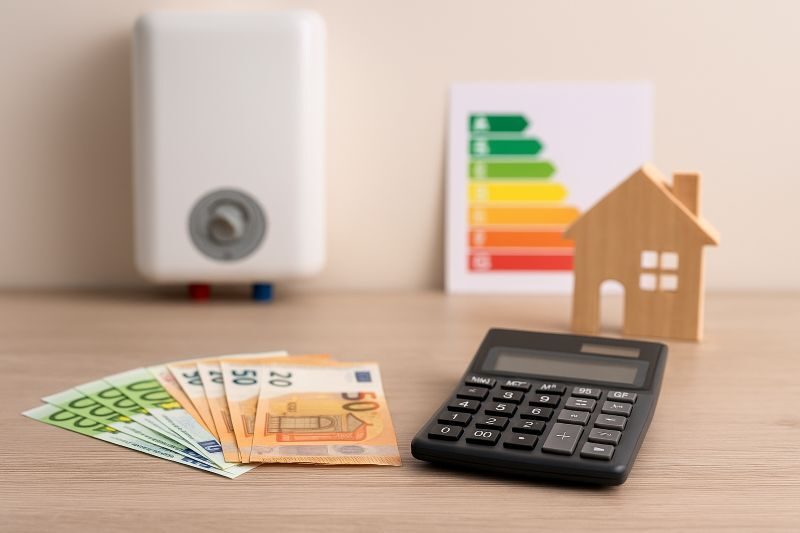 Financieel overzicht met munten en een energierekening op tafel, symboliseert subsidie en toekomstperspectief voor elektrische cv ketels in een gasloze woning
