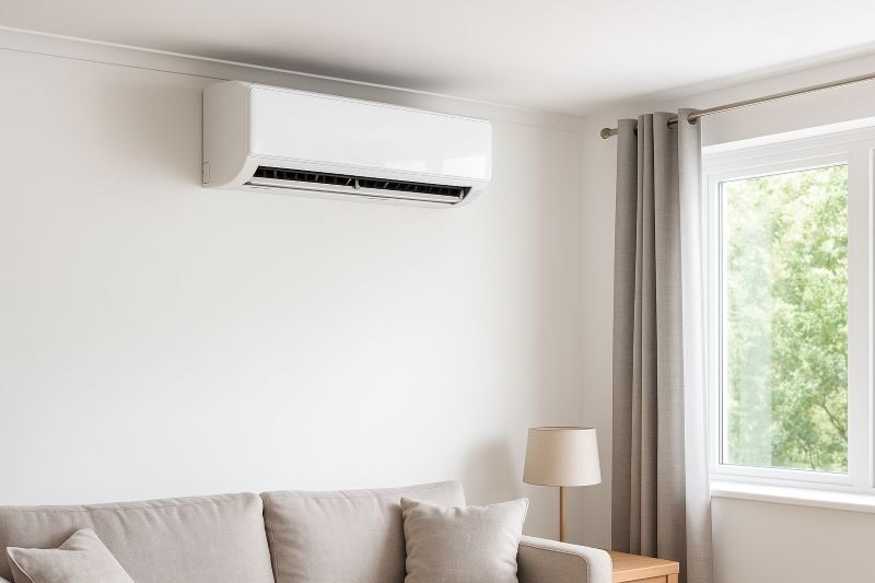 Moderne airconditioningunit aan de muur in een lichte woonkamer, energiezuinige oplossing voor koelen en verwarmen
