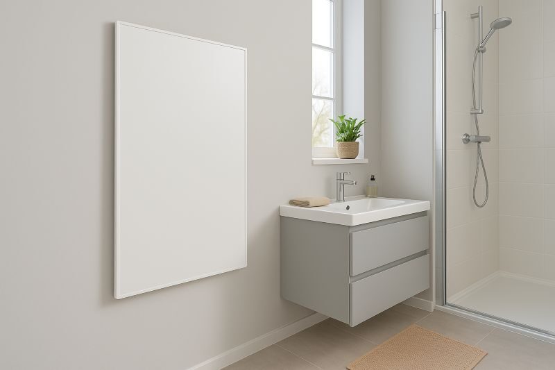 Moderne badkamer met elektrische infrarood wandverwarming naast wastafel en douche
