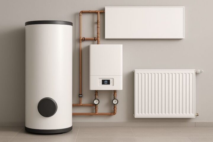 Moderne elektrische verwarmingsinstallatie met boiler, radiator en infraroodpaneel voor duurzaam verwarmen zonder gas Moderne elektrische verwarmingsinstallatie met boiler, radiator en infraroodpaneel voor duurzaam verwarmen zonder gas