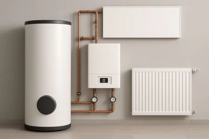 Moderne elektrische verwarmingsinstallatie met boiler, radiator en infraroodpaneel voor duurzaam verwarmen zonder gas