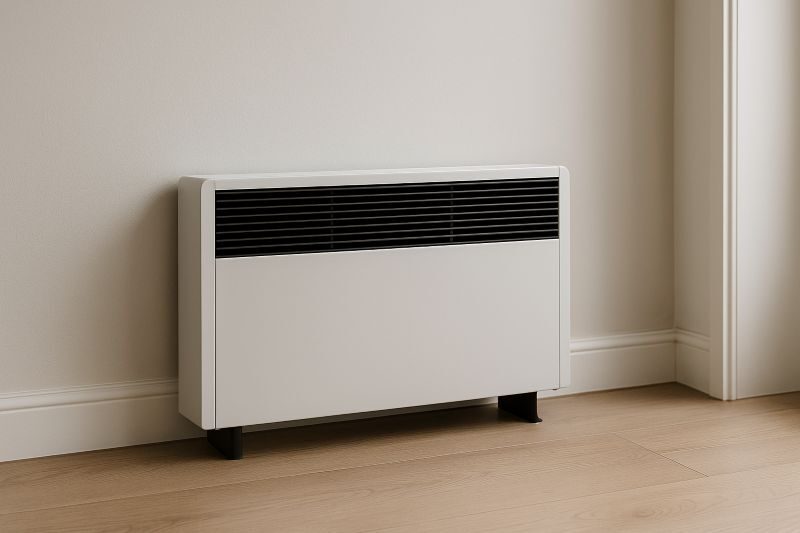 Moderne ventilatorconvector in een strak interieur, geschikt voor verwarmen en koelen