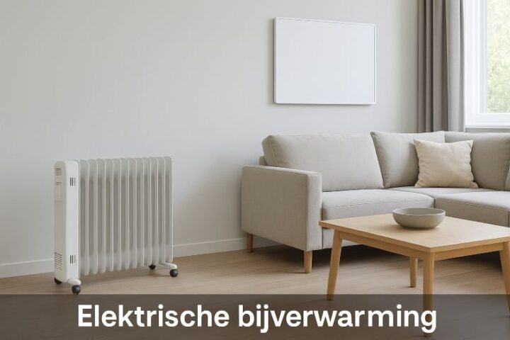 Moderne woonkamer met elektrische bijverwarming via radiator en infraroodpaneel, energiezuinige warmteoplossing