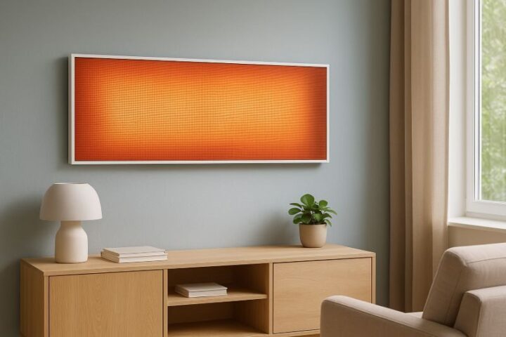 Moderne woonkamer met infrarood verwarmingspaneel aan de muur voor duurzame en efficiënte verwarming Moderne woonkamer met infrarood verwarmingspaneel aan de muur voor duurzame en efficiënte verwarming
