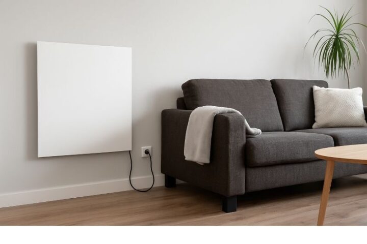 Moderne woonkamer met infraroodpaneel aan de muur, geschikt als hoofdverwarming of bijverwarming Moderne woonkamer met infraroodpaneel aan de muur, geschikt als hoofdverwarming of bijverwarming