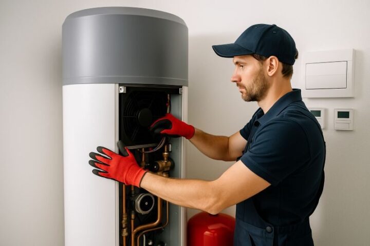 Monteur voert onderhoud uit aan warmtepompboiler om levensduur te verlengen in technische ruimte