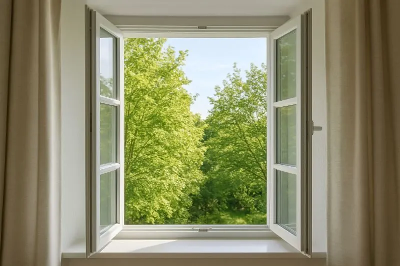 Open raam voor natuurlijke ventilatie in huis Open raam voor natuurlijke ventilatie in huis