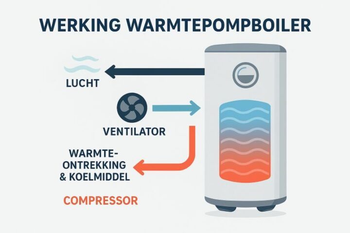 Schema werking warmtepompboiler – energiezuinige warmwateroplossing met luchttoevoer, compressor en geïsoleerde boiler