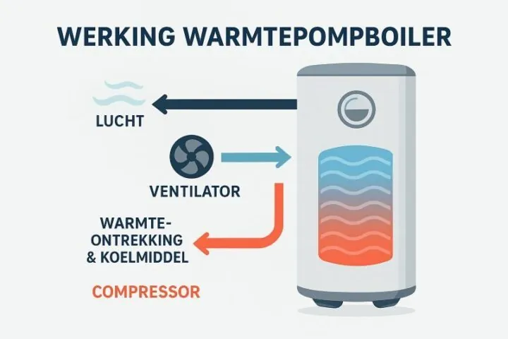 Schema werking warmtepompboiler – energiezuinige warmwateroplossing met luchttoevoer, compressor en geïsoleerde boiler Schema werking warmtepompboiler – energiezuinige warmwateroplossing met luchttoevoer, compressor en geïsoleerde boiler