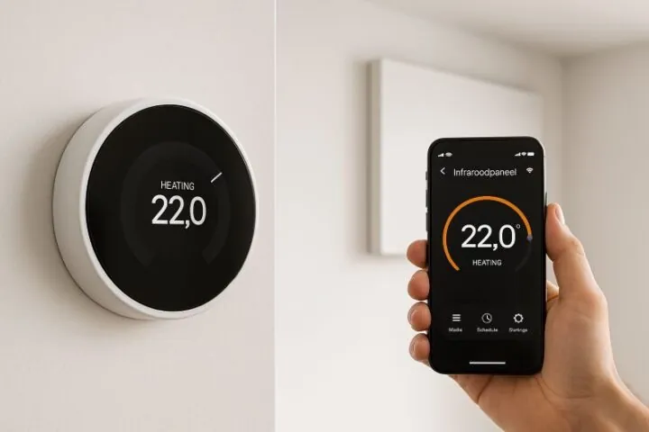 Slimme thermostatische regeling en bediening van infrarood verwarming via app.