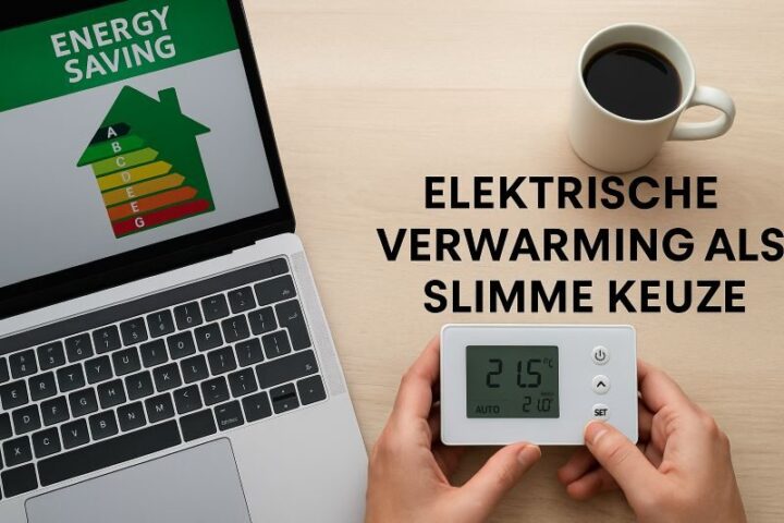 Smart thermostaat en laptop met energieverbruiksdiagram tonen elektrische verwarming als slimme, energiezuinige keuze Smart thermostaat en laptop met energieverbruiksdiagram tonen elektrische verwarming als slimme, energiezuinige keuze