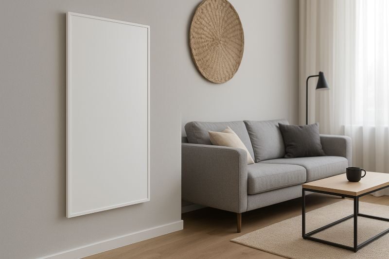Stijlvolle woonkamer met infrarood verwarming aan de muur, energiezuinige oplossing met stralingswarmte