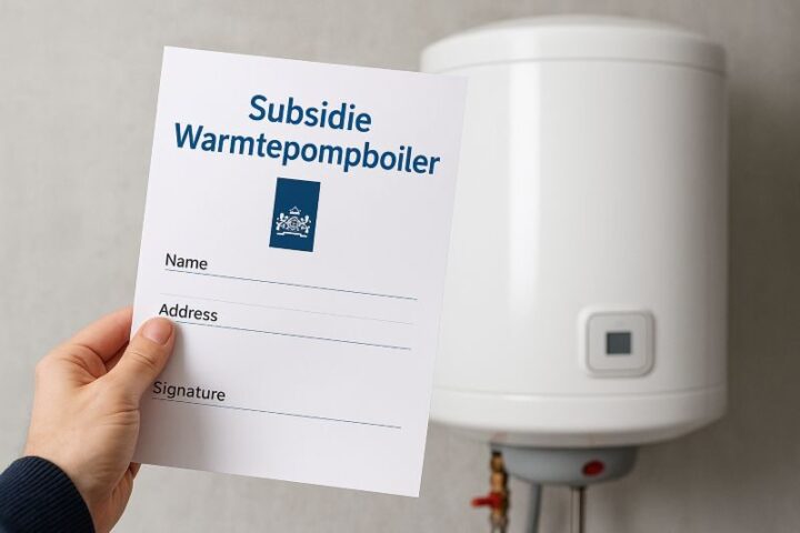 Subsidieaanvraag warmtepompboiler formulier naast geplaatste warmtepompboiler in woning