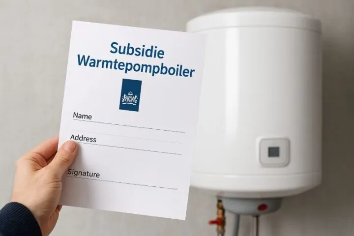 Subsidieaanvraag warmtepompboiler formulier naast geplaatste warmtepompboiler in woning Subsidieaanvraag warmtepompboiler formulier naast geplaatste warmtepompboiler in woning