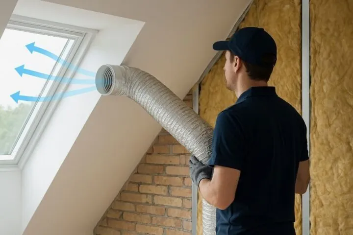 Ventilatie en isolatie in huis met luchtkanaal en dakraam Ventilatie en isolatie in huis met luchtkanaal en dakraam