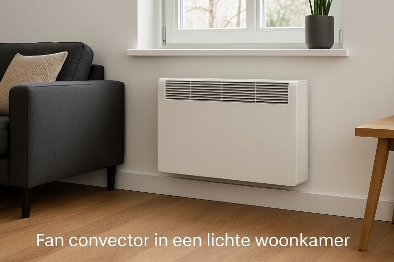 Ventilatorconvector onder een raam in een lichte woonkamer voor snelle warmteverdeling