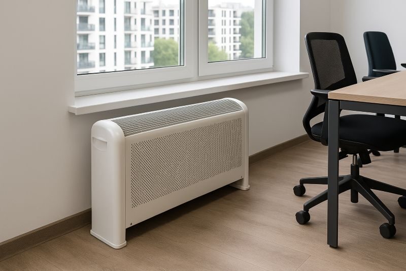 Ventilatorconvector onder een raam in een modern kantoor voor comfortabele temperatuurregeling tijdens werk.