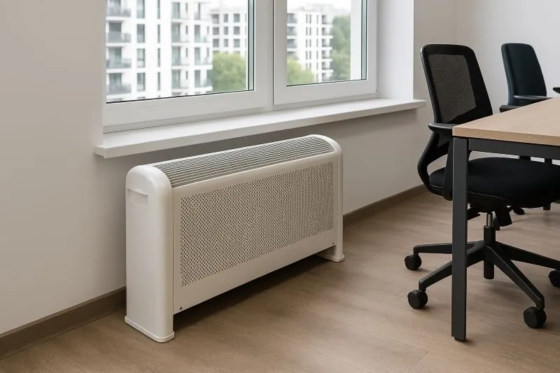 Ventilatorconvector onder een raam in een modern kantoor voor comfortabele temperatuurregeling tijdens werk.