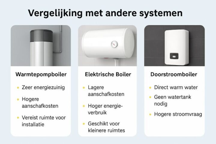 Vergelijking warmtepompboiler, elektrische boiler en doorstroomboiler met kenmerken energiezuinigheid, kosten en installatie.