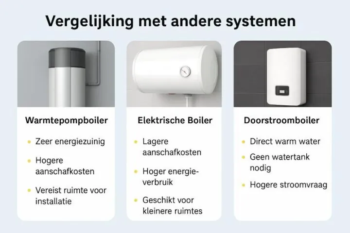 Vergelijking warmtepompboiler, elektrische boiler en doorstroomboiler met kenmerken energiezuinigheid, kosten en installatie. Vergelijking warmtepompboiler, elektrische boiler en doorstroomboiler met kenmerken energiezuinigheid, kosten en installatie.