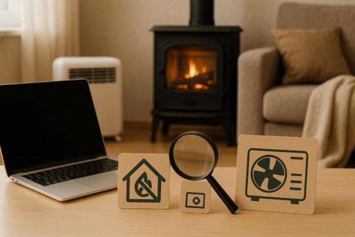 Verwarmen zonder gas met duurzame alternatieven zoals warmtepomp, elektrische kachel en houtkachel in een moderne woonkamer