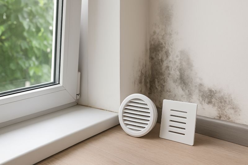 Vochtproblemen bij raam en muur met ventilatierooster Vochtproblemen bij raam en muur met ventilatierooster