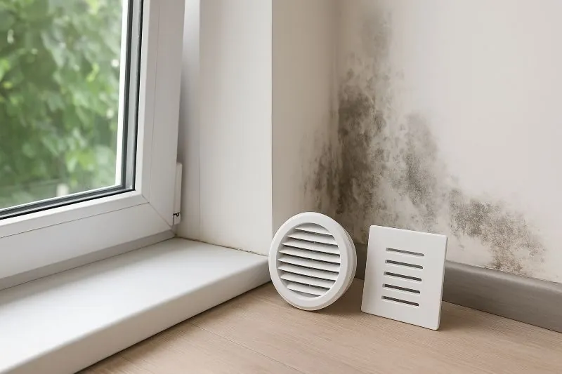 Vochtproblemen bij raam en muur met ventilatierooster Vochtproblemen bij raam en muur met ventilatierooster